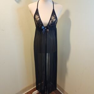 Sheer Lace Halter Long Babydoll Nightgown - Black Sz M